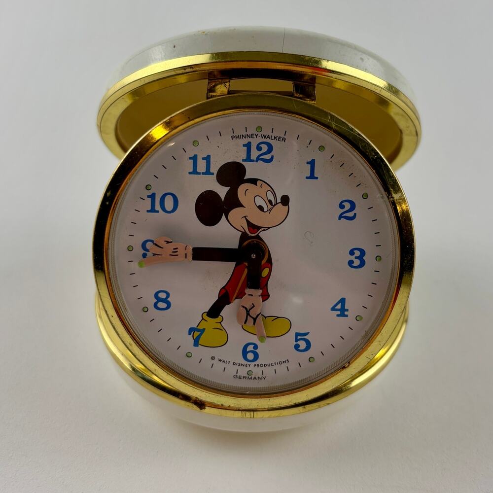 Vintage Disney Mickey Mouse Travel Alarm Clock Bradley Time Works Gold Tone